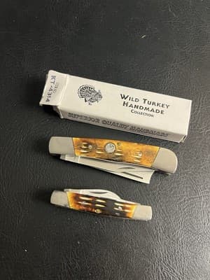 Lot Of 2 WILD TURKEY Bone Stag Hand Made Razor Trapper Pocket Knife Set READ - Thumbnail 2