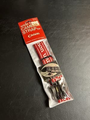 VTG 80s Canon Camera Wide Band Strap Black Red Embroidered Logo Leather Ends NOS - Image 1