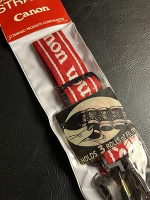 VTG 80s Canon Camera Wide Band Strap Black Red Embroidered Logo Leather Ends NOS - Thumbnail 3