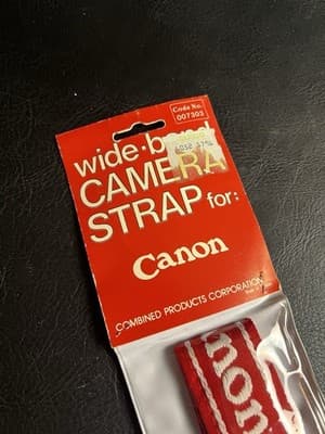 VTG 80s Canon Camera Wide Band Strap Black Red Embroidered Logo Leather Ends NOS - Thumbnail 4