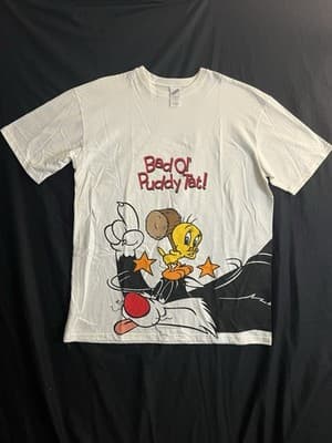 VTG Tweety Bird & Sylvester Looney Tunes Cartoon OSFA T-Shirt Bad Ol’ Puddy Tat! - Image 1