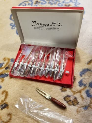 VTG James Quality Jewelers Thailand Cocktail Tiny Forks Brass Wood Appetizer 4" - Thumbnail 7