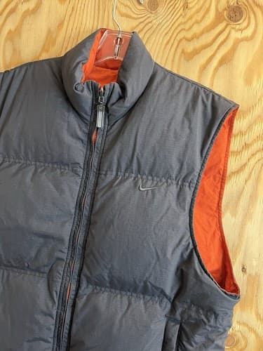 Rare 90s Vintage Nike Puffer Reversible Vest Big Logo Down Grey Orange Mens L - Thumbnail 4