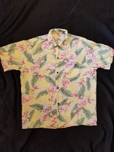 VTG Pineapple Juice Aloha Hawaiian Rayon Shirt Men Large Yellow Floral Flowers L - Image 1