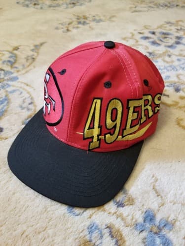 RARE Vtg San Francisco 49ers Big All Over Helmet Snapback Hat Logo Athletics Red - Image 1