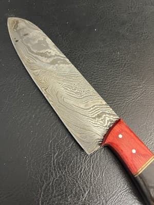 Handmade Chefs Knife 7” Blade Damascus Carbon Steel Rams Horn Handle + Red Wood - Thumbnail 3
