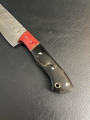 Handmade Chefs Knife 7” Blade Damascus Carbon Steel Rams Horn Handle + Red Wood - Thumbnail 2