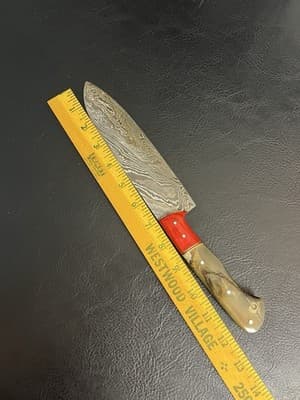 Handmade Chefs Knife 7” Blade Damascus Carbon Steel Rams Horn Handle + Red Wood - Thumbnail 12