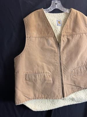 Vintage Carhartt Duck Vest Sherpa Lined USA 6SVT Mens 2XL XXL Brown Duck Fishing - Thumbnail 3