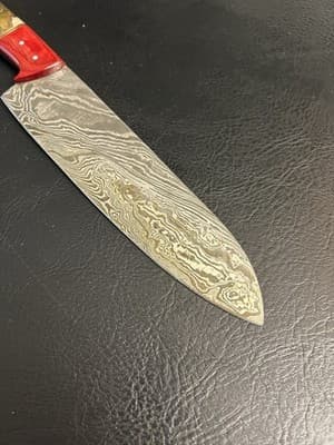 Handmade Chefs Knife 7” Blade Damascus Carbon Steel Rams Horn Handle + Red Wood - Thumbnail 8