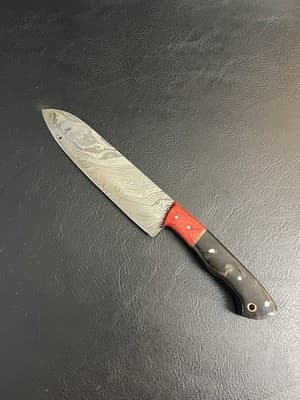 Handmade Chefs Knife 7” Blade Damascus Carbon Steel Rams Horn Handle + Red Wood - Image 1