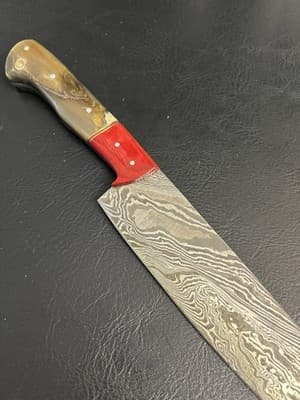 Handmade Chefs Knife 7” Blade Damascus Carbon Steel Rams Horn Handle + Red Wood - Thumbnail 9