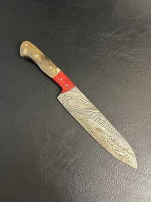 Handmade Chefs Knife 7” Blade Damascus Carbon Steel Rams Horn Handle + Red Wood - Thumbnail 7