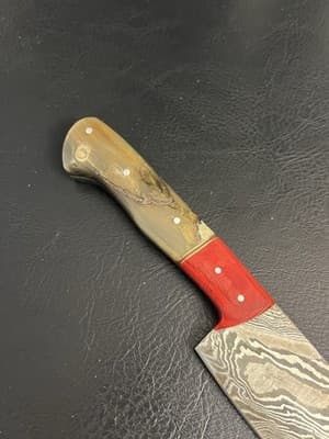 Handmade Chefs Knife 7” Blade Damascus Carbon Steel Rams Horn Handle + Red Wood - Thumbnail 10