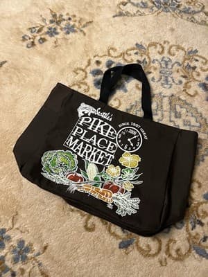 Seattle's Pike Place Market vtg Tote Bag Grocery Brown Cup Holder 2014 Produce - Image 1