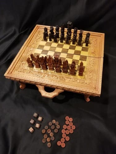 Hand Carved Wooden Aztec Chess Set w/ Checkers, Dice, Stand. Exotic Wood Mexican - Image 1
