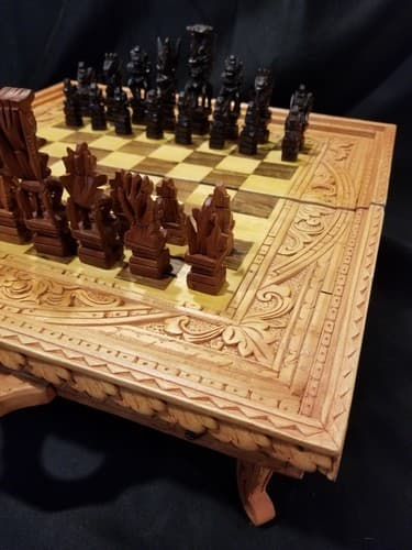 Hand Carved Wooden Aztec Chess Set w/ Checkers, Dice, Stand. Exotic Wood Mexican - Thumbnail 3