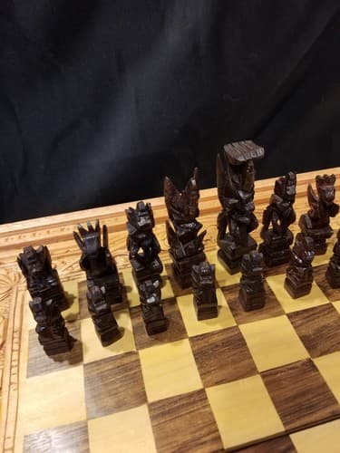 Hand Carved Wooden Aztec Chess Set w/ Checkers, Dice, Stand. Exotic Wood Mexican - Thumbnail 8