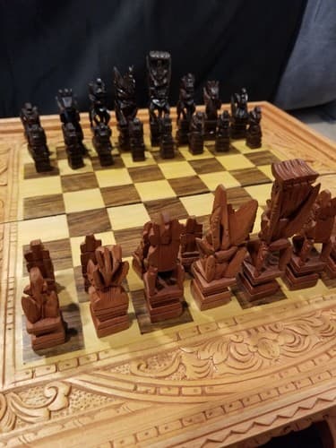 Hand Carved Wooden Aztec Chess Set w/ Checkers, Dice, Stand. Exotic Wood Mexican - Thumbnail 6