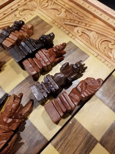 Hand Carved Wooden Aztec Chess Set w/ Checkers, Dice, Stand. Exotic Wood Mexican - Thumbnail 13