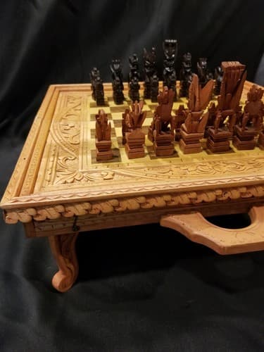 Hand Carved Wooden Aztec Chess Set w/ Checkers, Dice, Stand. Exotic Wood Mexican - Thumbnail 2
