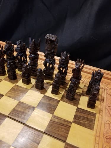 Hand Carved Wooden Aztec Chess Set w/ Checkers, Dice, Stand. Exotic Wood Mexican - Thumbnail 7