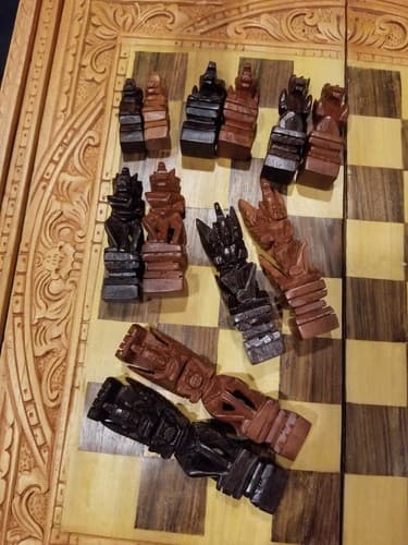 Hand Carved Wooden Aztec Chess Set w/ Checkers, Dice, Stand. Exotic Wood Mexican - Thumbnail 9