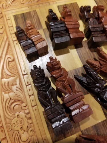 Hand Carved Wooden Aztec Chess Set w/ Checkers, Dice, Stand. Exotic Wood Mexican - Thumbnail 12