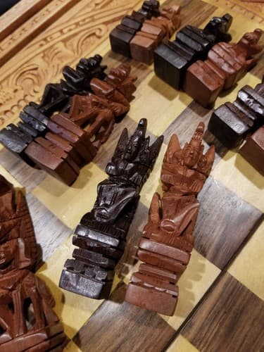 Hand Carved Wooden Aztec Chess Set w/ Checkers, Dice, Stand. Exotic Wood Mexican - Thumbnail 11