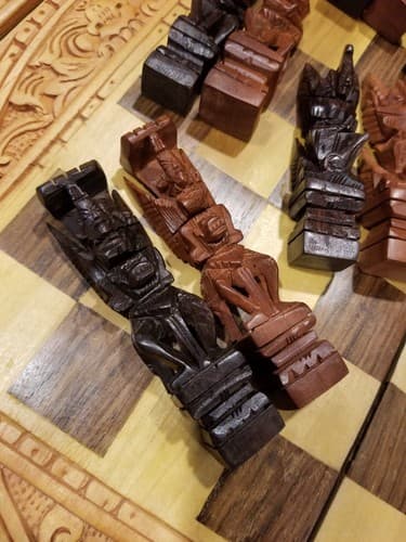 Hand Carved Wooden Aztec Chess Set w/ Checkers, Dice, Stand. Exotic Wood Mexican - Thumbnail 10