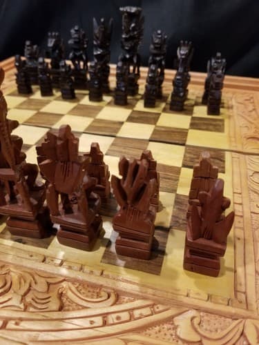 Hand Carved Wooden Aztec Chess Set w/ Checkers, Dice, Stand. Exotic Wood Mexican - Thumbnail 5