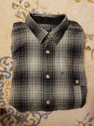 Filson Long Sleeve Flannel Plaid Shirt Mens Medium Black Grey White Button Up - Image 1