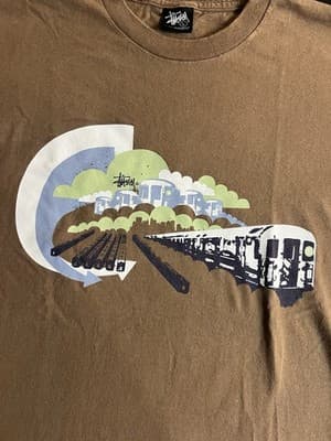 VTG Stussy Train Yard Tee Graphic T-Shirt Brown Mens L Short Sleeve Rare Crew - Thumbnail 4