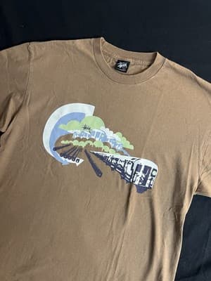 VTG Stussy Train Yard Tee Graphic T-Shirt Brown Mens L Short Sleeve Rare Crew - Thumbnail 2