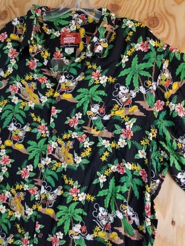 Vtg Reyn Spooner Disney XL Mickey Mouse Minnie Pluto Hawaiian Shirt Aloha Black - Thumbnail 2