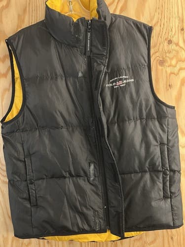 Vintage Polo Jeans Ralph Lauren Puffer Vest Mens M Black Yellow Down Outerwear - Thumbnail 7