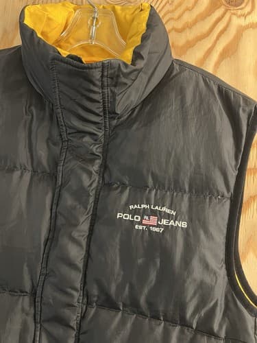 Vintage Polo Jeans Ralph Lauren Puffer Vest Mens M Black Yellow Down Outerwear - Thumbnail 2