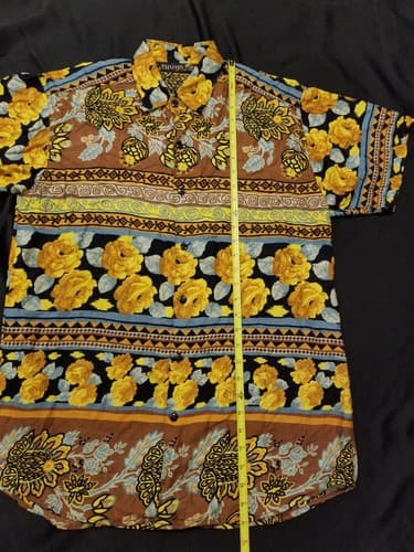 Vintage Mens Hawaiian Shirt Thums Up For Him Size S-M Gold Flowers Button Rayon - Thumbnail 7