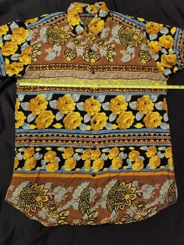 Vintage Mens Hawaiian Shirt Thums Up For Him Size S-M Gold Flowers Button Rayon - Thumbnail 8