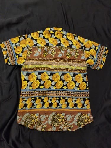 Vintage Mens Hawaiian Shirt Thums Up For Him Size S-M Gold Flowers Button Rayon - Thumbnail 2
