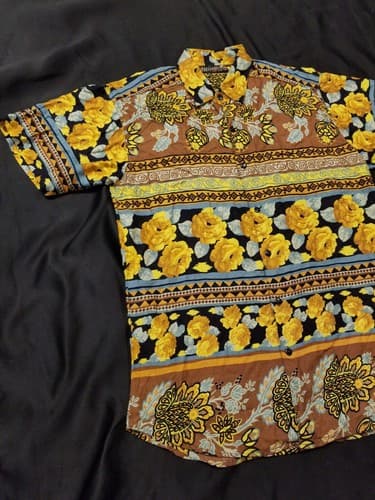 Vintage Mens Hawaiian Shirt Thums Up For Him Size S-M Gold Flowers Button Rayon - Thumbnail 5
