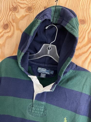 VTG Polo Ralph Lauren Rugby Hoodie Green Blue Striped Pony Mens L Sweatshirt - Thumbnail 2