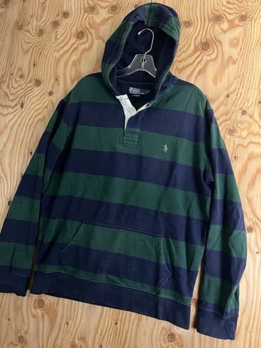 VTG Polo Ralph Lauren Rugby Hoodie Green Blue Striped Pony Mens L Sweatshirt - Thumbnail 4