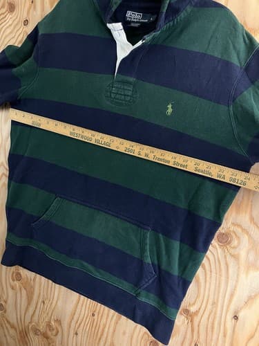 VTG Polo Ralph Lauren Rugby Hoodie Green Blue Striped Pony Mens L Sweatshirt - Thumbnail 12