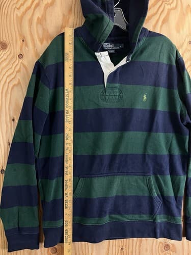 VTG Polo Ralph Lauren Rugby Hoodie Green Blue Striped Pony Mens L Sweatshirt - Thumbnail 11