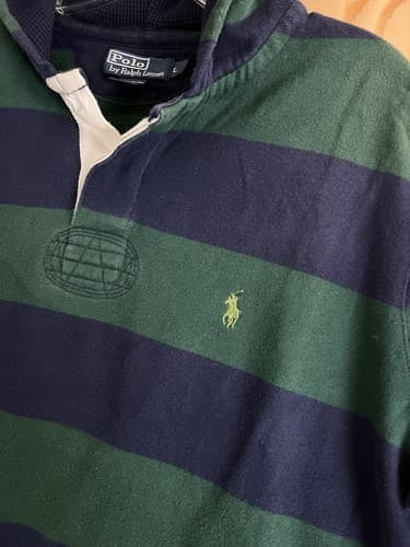 VTG Polo Ralph Lauren Rugby Hoodie Green Blue Striped Pony Mens L Sweatshirt - Thumbnail 5