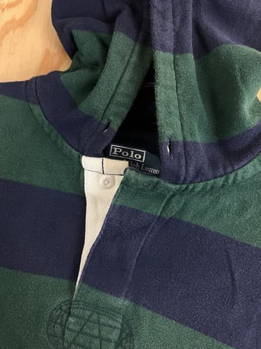 VTG Polo Ralph Lauren Rugby Hoodie Green Blue Striped Pony Mens L Sweatshirt - Thumbnail 10