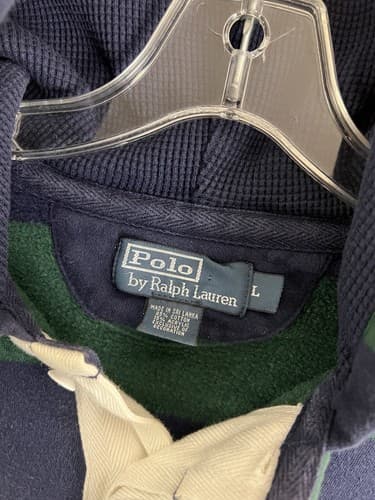 VTG Polo Ralph Lauren Rugby Hoodie Green Blue Striped Pony Mens L Sweatshirt - Thumbnail 3