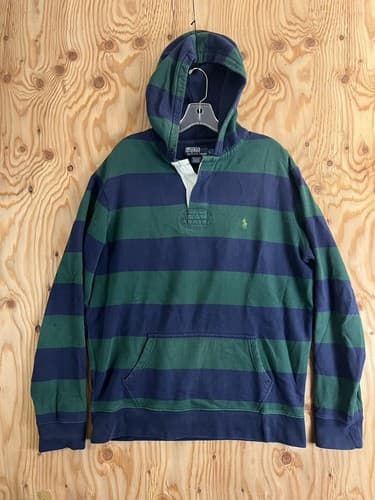 VTG Polo Ralph Lauren Rugby Hoodie Green Blue Striped Pony Mens L Sweatshirt - Image 1