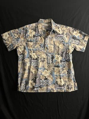Reyn Spooner Blue Yellow Half Button Hawaiian Floral Popover Shirt Mens XL VTG - Image 1